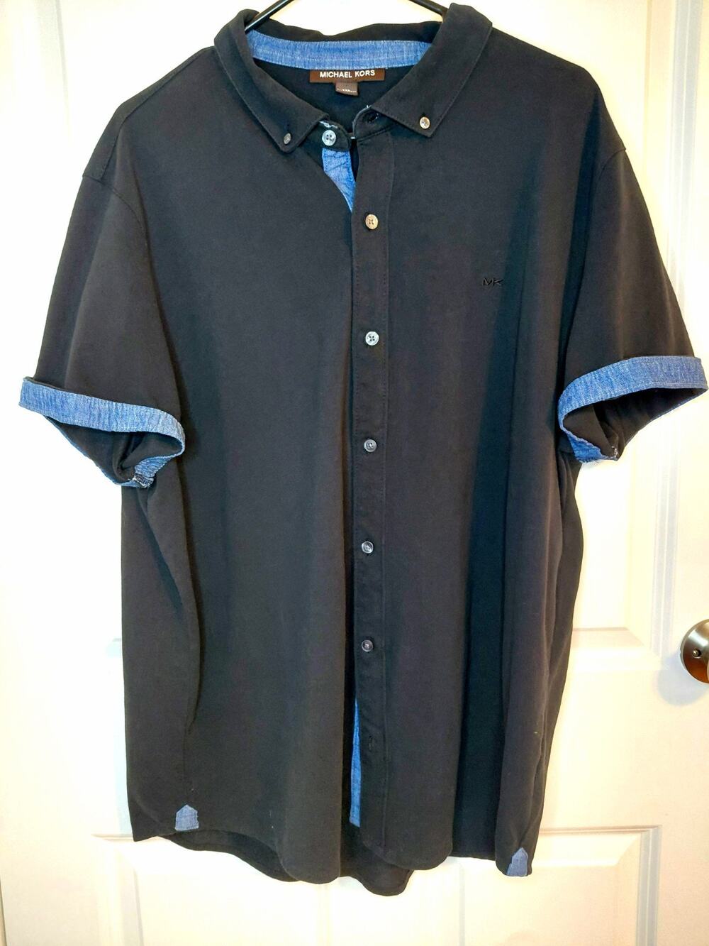 Michael Kors Men's Short Sleeve Button Down Shirt - Black with Chambray Trim XXL